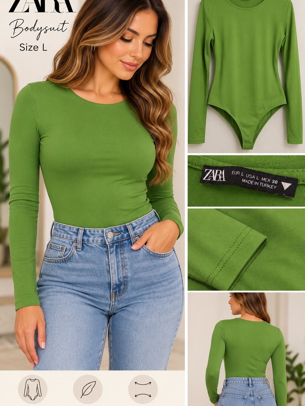 Zara Olive Green Long-Sleeve Crewneck Bodysuit